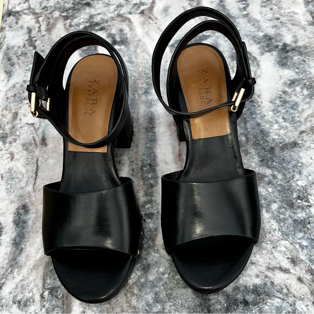ZARA Anklestrap Wooden Clogs Black LEATHER SANDALS with Studs Size 38 - Picture 4 of 11